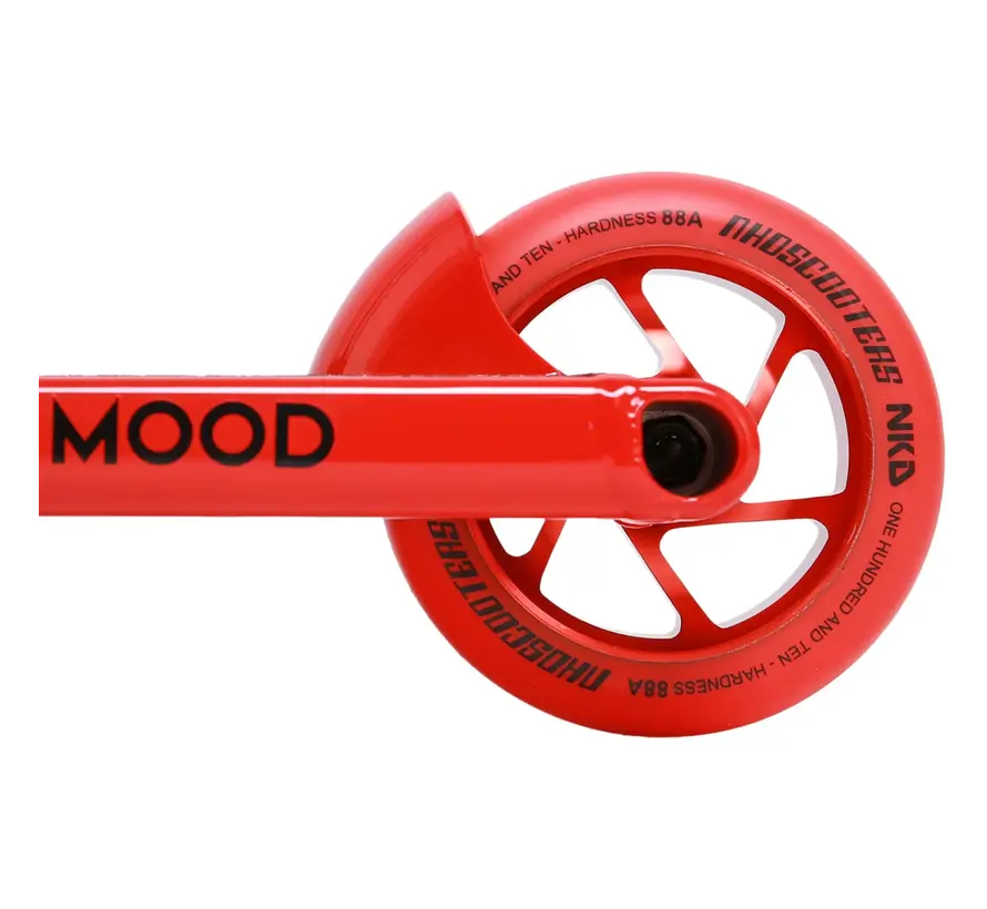 Patinete acrobático NKD Mood rojo, ligero, para estilo libre, con sistema de compresión HIC y ruedas de 110 mm para parques y calles.