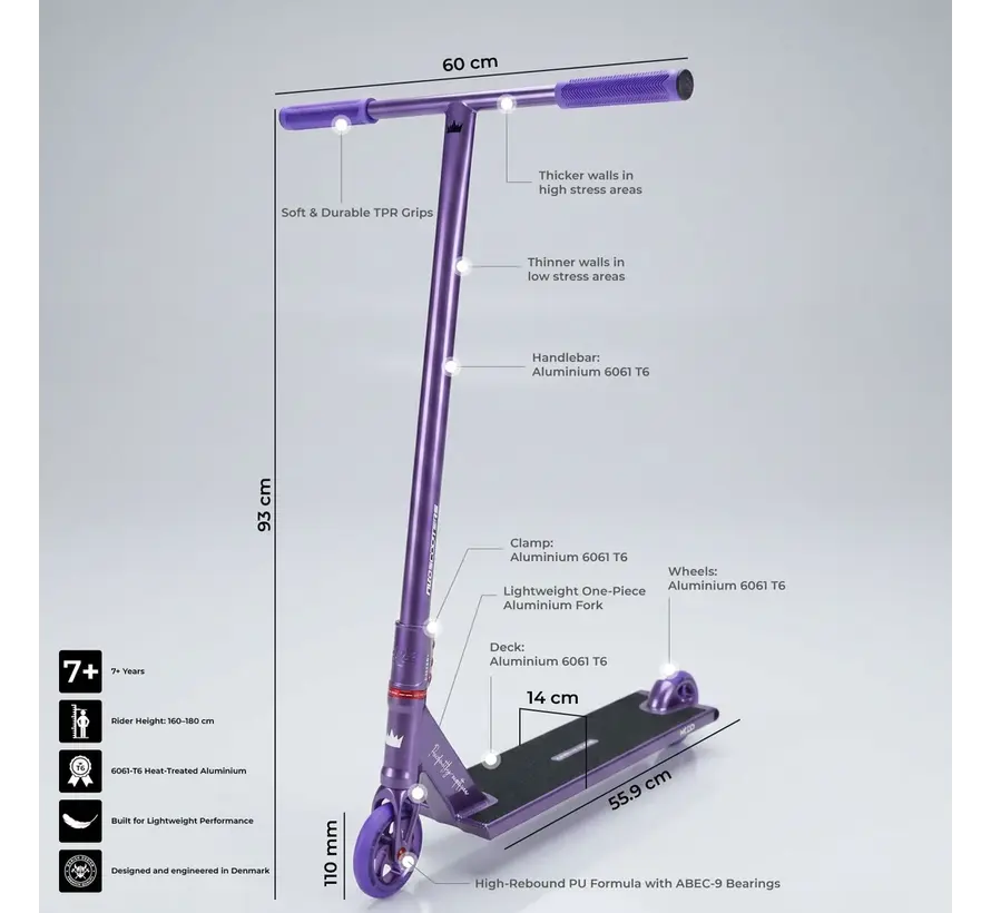 Monopattino acrobatico NKD Mood viola, leggero, ideale per freestyle, con sistema di compressione HIC e ruote da 110 mm, perfetto per park e street riding.