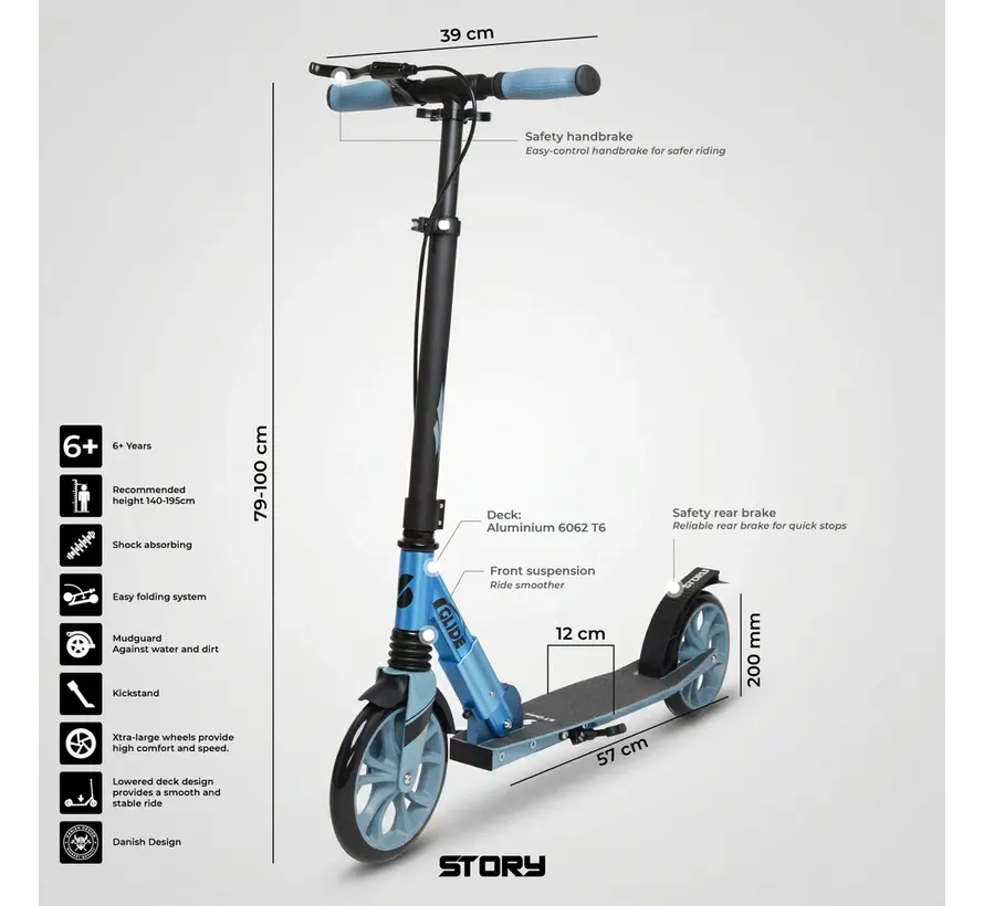 Story GlideX Elite Monopattino pieghevole per il trasporto, blu. Monopattino comodo con ruote grandi e design pieghevole per l'uso quotidiano.