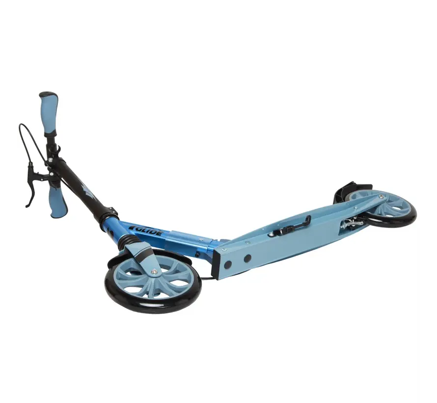 Scooter de transport pliable Story GlideX Elite bleu. Scooter confortable avec grandes roues et conception pliable pour une utilisation quotidienne.
