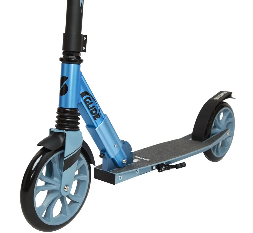 Scooter de transport pliable Story GlideX Elite bleu. Scooter confortable avec grandes roues et conception pliable pour une utilisation quotidienne.