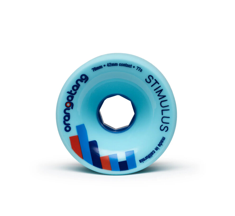Ruote Orangatang Stimulus da 70 mm per longboard, blu, set da 4 ruote freeride per slide, cruising e carving.