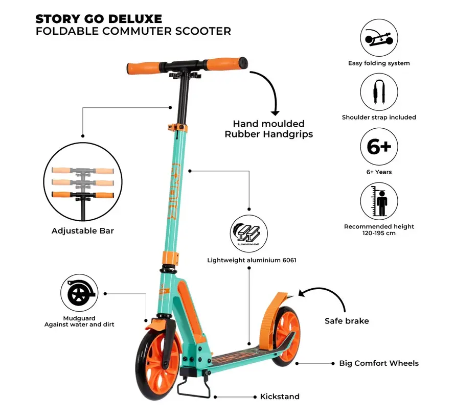 Story GO Deluxe Foldable Commuter Scooter Mint/Orange 80-106 cm