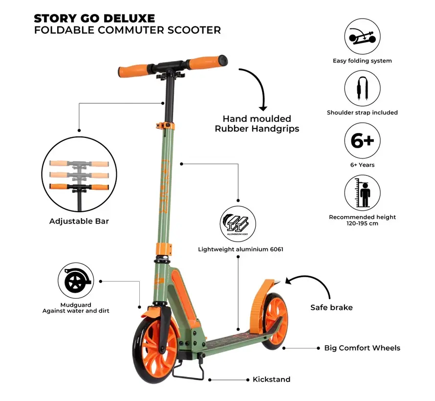 Story GO Deluxe Foldable Commuter Scooter Green/Orange 80-106 cm