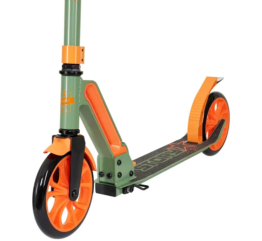 Patinete plegable Story GO Deluxe para desplazamientos urbanos, color verde/naranja, 80-106 cm.