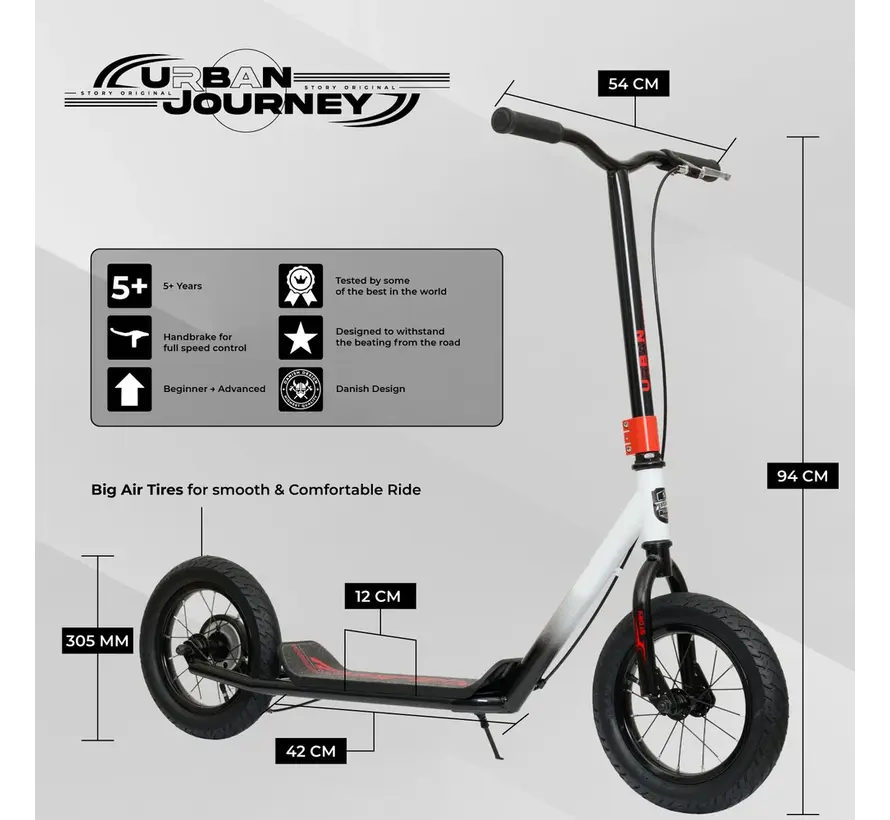 Story Urban Journey Original Stuntstep met Luchtbanden Black – Comfortabele Step voor Straat, Cruisen en Langere Ritten