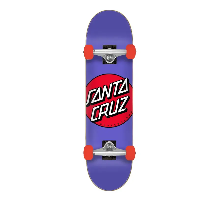 Monopatín completo Santa Cruz Spotlight Dot Mini morado de 7,75" con ejes Krux. Monopatín compacto para calle y skatepark.