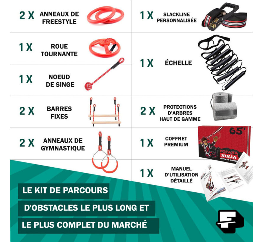 Ninja Line Kit d’Obstacles 32 Pièces – Parcours Ninja Slackline 20 m pour Équilibre & Grimpe