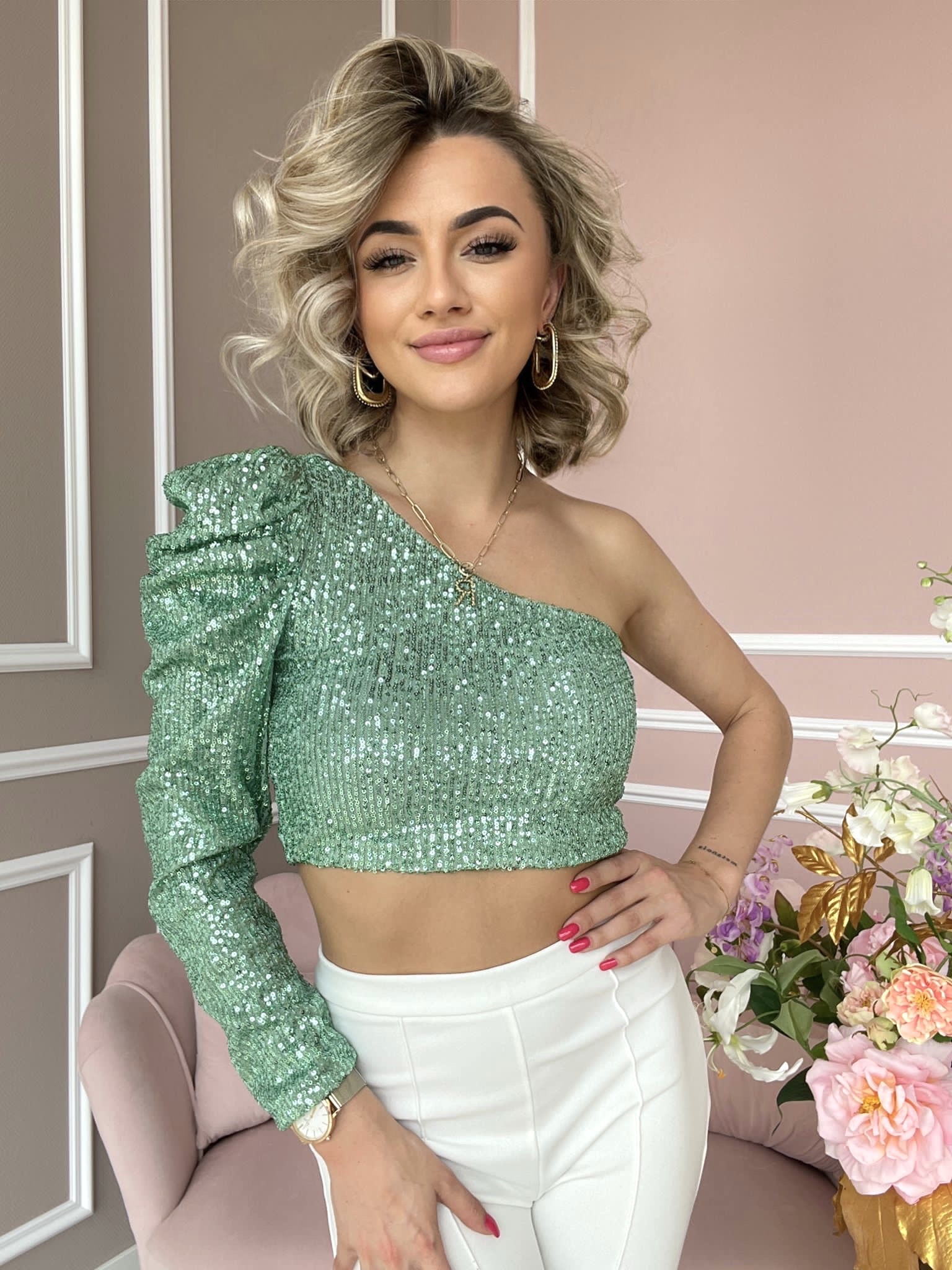 Ruffle glitter one shoulder top mint Elle Voudrait