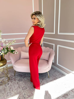 Gold button jumpsuit red