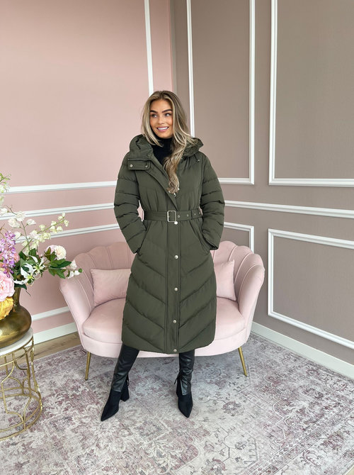 Belted long puffer coat army