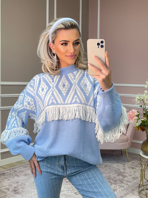 Fringe aztec sweater Baby blue & white