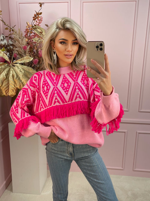 Fringe aztec sweater fuchsia & pink