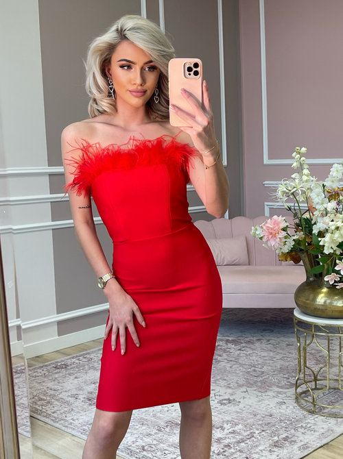 feather red bodycon dress