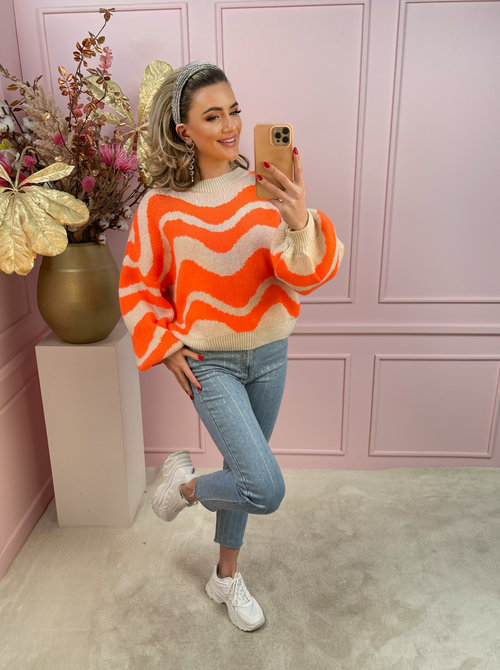 Wavy sweater orange & creme