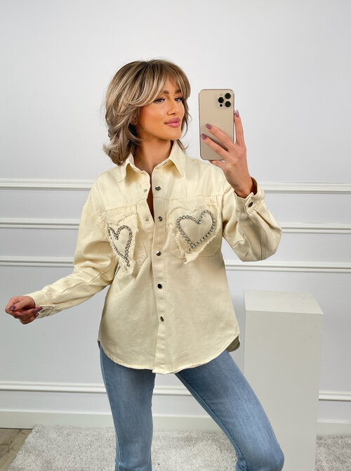 Heart strass denim blouse beige
