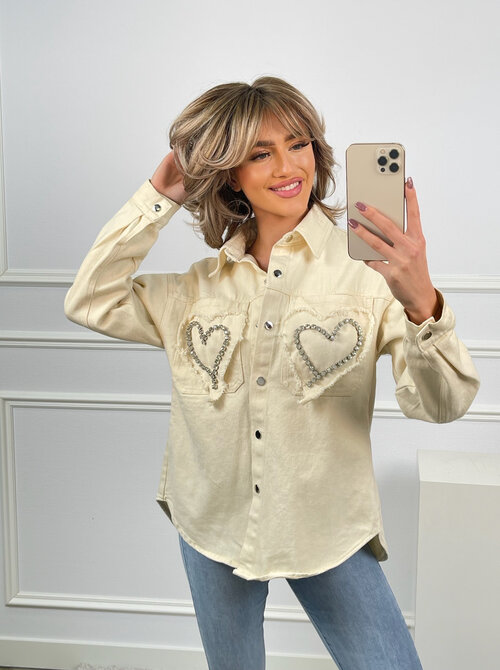 Heart strass denim blouse beige