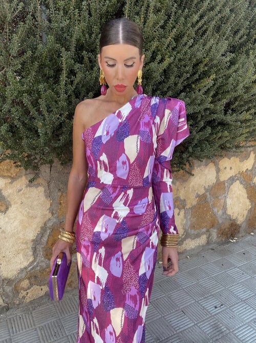 Purple puff one shoulder dress