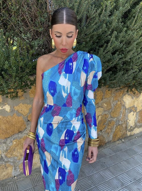 Blue puff one shoulder dress