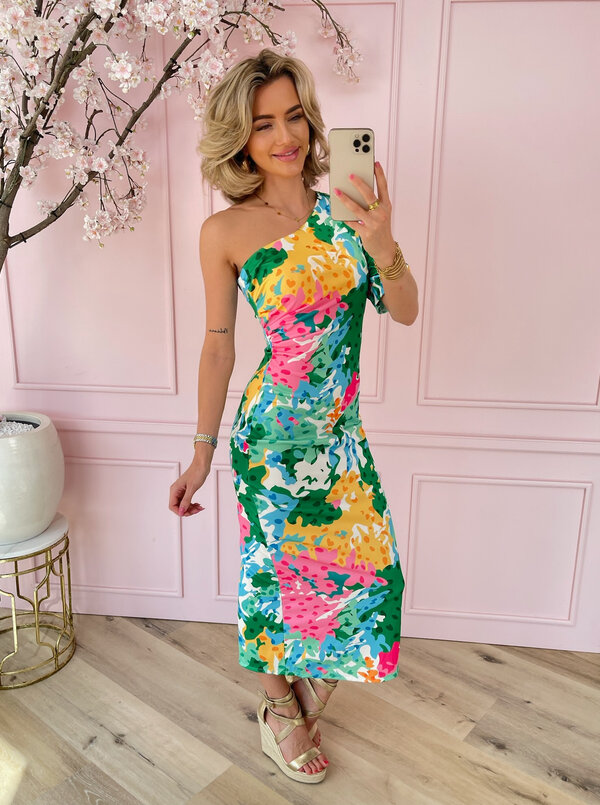 One shoulder printed dress green