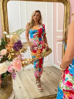 One shoulder printed dress pink
