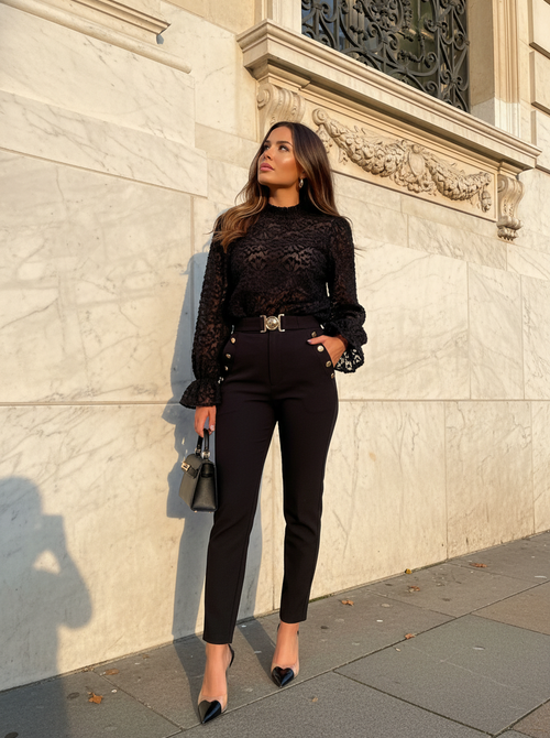 Gold button pants black