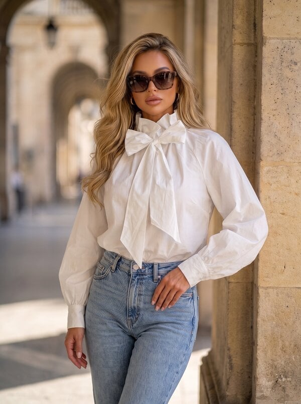 High neck bow blouse white