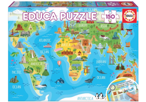 Puzzle World map with animals, 150 pieces