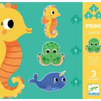 Coffret de 3 jolis puzzles Djeco de 4, 6 et 9 pièces, sur le thème des  animaux de la mer.