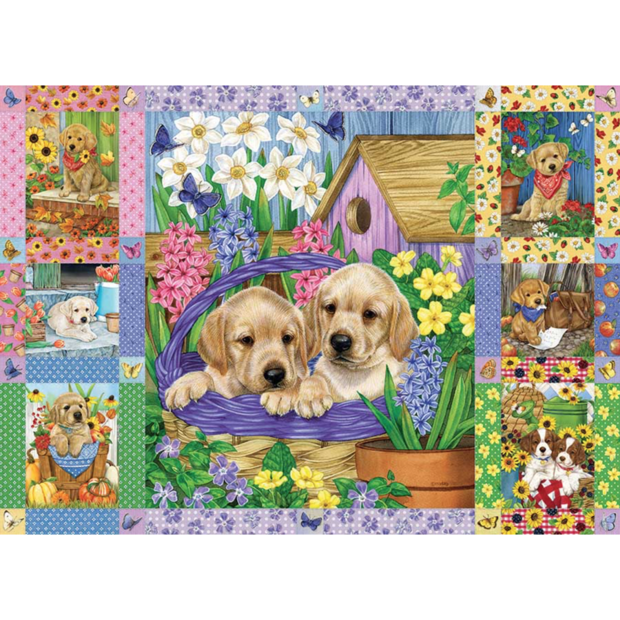 Couette de fleurs et de chiots - puzzle de 1000 pièces-1