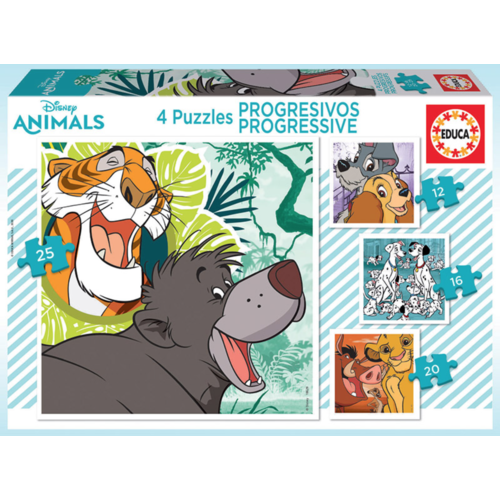  Educa 4 puzzels van Disney dieren - 12, 16, 20 en 25 stukjes 