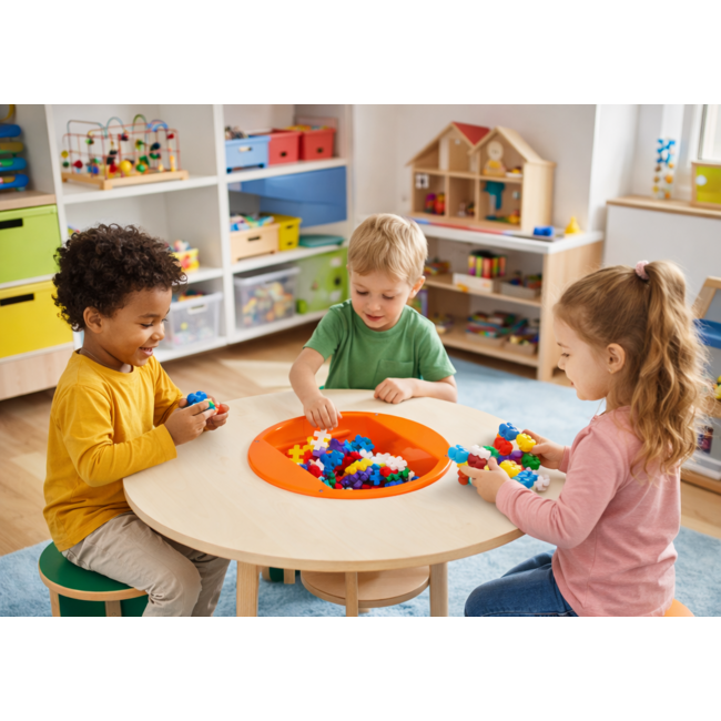 Kidea speelgoedtafel rond met 3 vaste zitjes, opbergbak en speelblokken