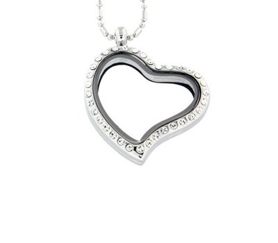 Floating locket Zilverkleurige memory locket hart gebogen strass met ketting