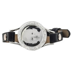 Graveer Armbanden Zwarte Leren Armband met foto graveer munt smal zilverkleurig met strass