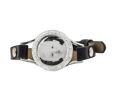 Graveer Armbanden Zwarte Leren Armband met foto graveer munt smal zilverkleurig met strass