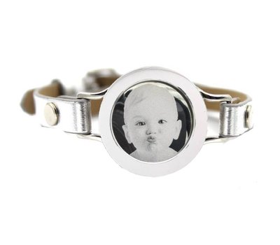 Graveer Armbanden Grijze Leren Armband met foto graveer munt smal zilverkleurig