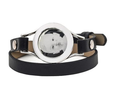 Graveer Armbanden Zwarte dubbele Leren Armband met foto graveer munt smal zilverkleurig