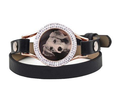 Graveer Armbanden Zwarte dubbele Leren Armband met foto graveer munt smal rosé goudkleurig met strass