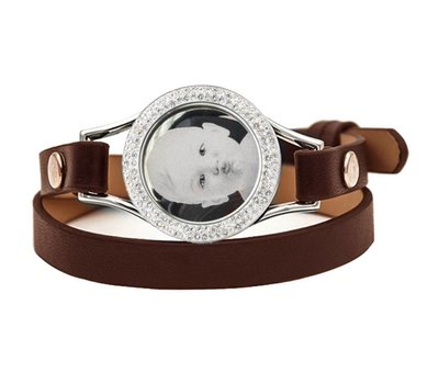 Graveer Armbanden Bruine dubbele Leren Armband met foto graveer munt smal zilverkleurig met strass