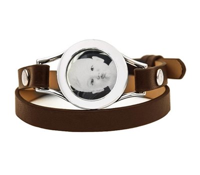 Graveer Armbanden Bruine dubbele Leren Armband met foto graveer munt smal zilverkleurig