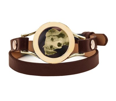 Graveer Armbanden Bruine dubbele Leren Armband met foto graveer munt smal goudkleurig