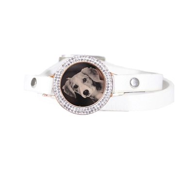 Graveer Armbanden Witte dubbele Leren Armband met foto graveer munt smal rosé goudkleurig met strass