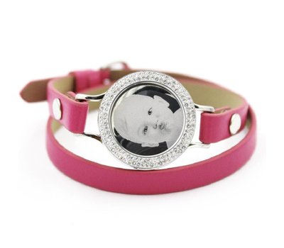 Graveer Armbanden Roze dubbele Leren Armband met foto graveer munt smal zilverkleurig met strass