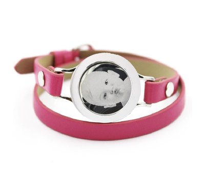 Graveer Armbanden Roze dubbele Leren Armband met foto graveer munt smal zilverkleurig