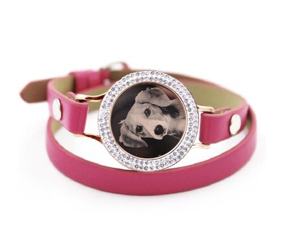 Graveer Armbanden Roze dubbele Leren Armband met foto graveer munt smal rosé goudkleurig met strass