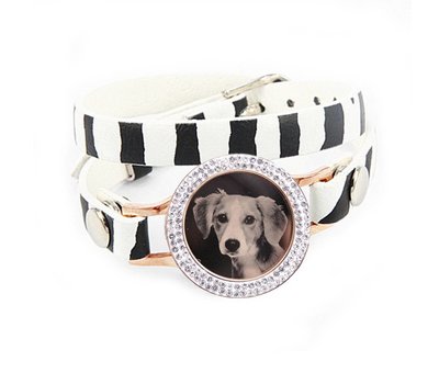 Graveer Armbanden Zebra dubbele Leren Armband met foto graveer munt smal rosé goudkleurig met strass