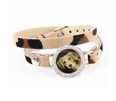 Graveer Armbanden Luipaard dubbele Leren Armband met foto graveer munt smal goudkleurig met strass