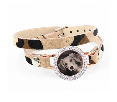 Graveer Armbanden Luipaard dubbele Leren Armband met foto graveer munt smal rosé goudkleurig met strass