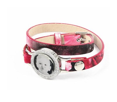 Graveer Armbanden Roze Tropical dubbele Leren Armband met foto graveer munt smal zilverkleurig met strass