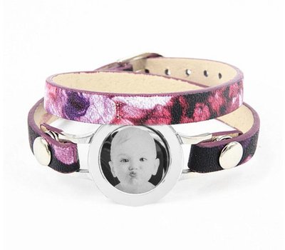 Graveer Armbanden Paars Tropical dubbele Leren Armband met foto graveer munt smal zilverkleurig